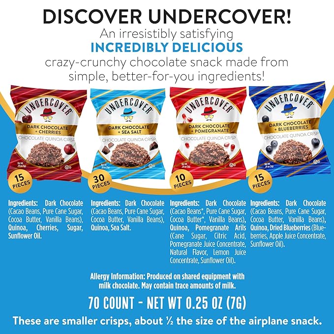 Undercover Snacks Chocolate Quinoa Crisps - Dark Chocolate Variety Pack | 70-Count Individually Wrapped Crisps | Gluten Free Nut-Free Allergen Friendly Kosher Plant-Based NOT AIRLINE SIZE