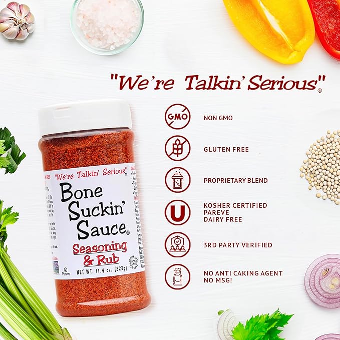 Bone Suckin' Seasoning &amp Rub Original Blend Grilling Rubs Dry Pork Rub Gluten-Free Non-GMO Kosher Great on Ribs Pork Beef Chicken Seafood Pasta Vegetables Even Popcorn and No Msg