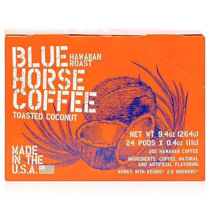 Blue Horse 'Gentle Giant' Hawaiian Roast (20% Kona) Coffee Pods - Toasted Coconut - Medium Roast 24ct Single Serve Compatible with K Cups 2.0 Farm Fresh Premium 100% Arabica Beans