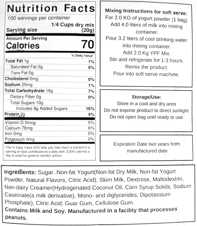Frozen Yogurt Pre Mix By Dasher's Spice &amp Beans | Gluten Free &amp Low Fat | (70.4 oz. Plain Tart)