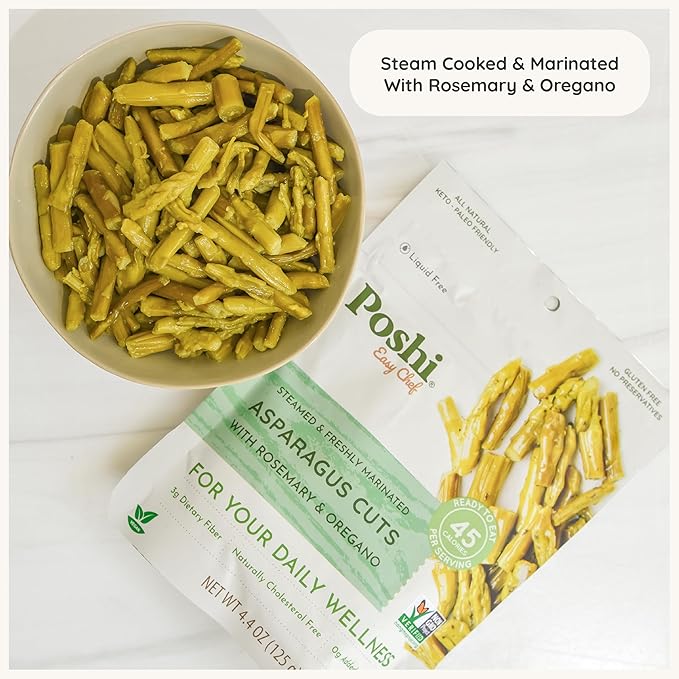 POSHI Marinated Asparagus Cuts with Rosemary + Oregano Natural Keto Vegan Non GMO Low Carb + Calorie Gluten Free Ready to Eat Fully Cooked Vegetables Pentry Food Gourmet Healthy 6 Pack 4.4oz