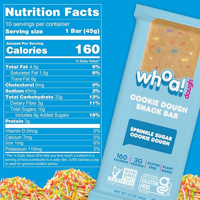 Whoa Dough Edible Cookie Dough Bars- Certified Non-GMO Kosher and Gluten Free Bars - Healthy Snack Foods - Plant Based Snacks Made With Real Ingredients - Sprinkle Sugar Cookie Dough - 4 Pack