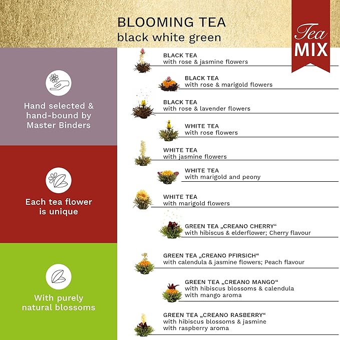 Creano Abloom Tea - Blooming Gift Set in Wooden Box - 12pcs Green White &amp Black Tea