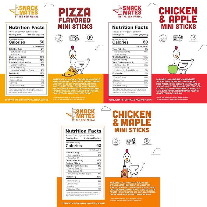 Snack Mates by New Primal Sampler Three Flavor Pack Mini Chicken Sticks High Protein and Low Sugar Kids Snack Certified Gluten Free Soy Free Certified Paleo Lunchbox Friendly 15 Count