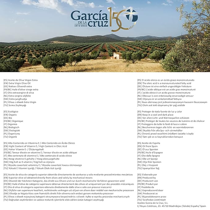 GARCÍA DE LA CRUZ - Organic Extra Virgin Olive Oil Cooking Oil Olive Variety Smooth Body Origin Spain Montes de Toledo Packed in Tins - 3L