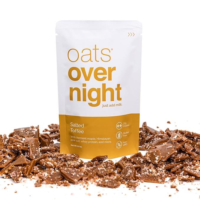Oats Overnight Salted Toffee - Overnight Oats with 20g Whey Protein High Fiber Breakfast Protein Shake - Gluten Free Oatmeal Non GMO High Protein Oatmeal (2.8 oz per Meal) (8 Pack + Bottle)