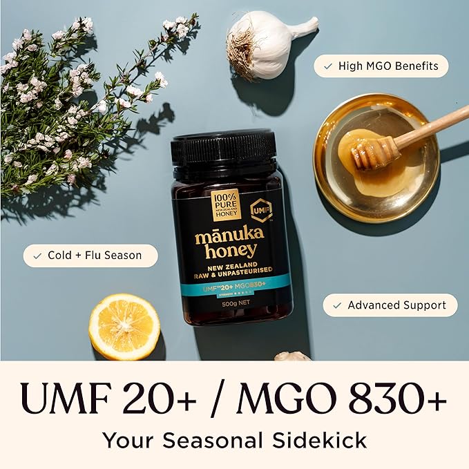 Manuka Honey UMF 20+ MGO 830+ 100% Pure New Zealand Raw Unfiltered Certified Award Winning Silky Smooth Taste &amp Texture 17.6 Oz