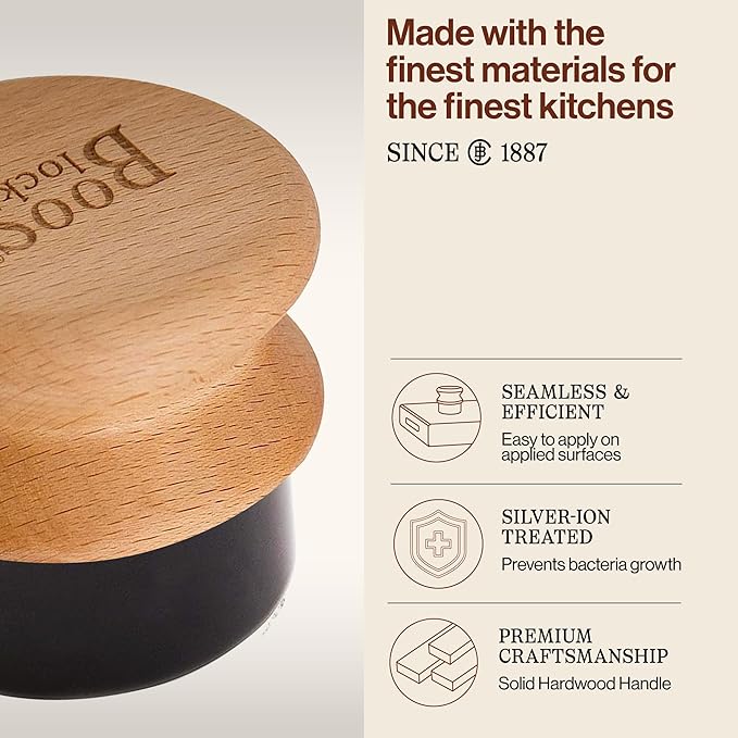 John Boos Oil &amp Cream Round Applicator for Wood Cutting Boards Butcher Blocks &amp Utensils Beechwood - Solid Hardwood Handle Silver Ion-Treated Sponge Storage Cap Easy and Even Application