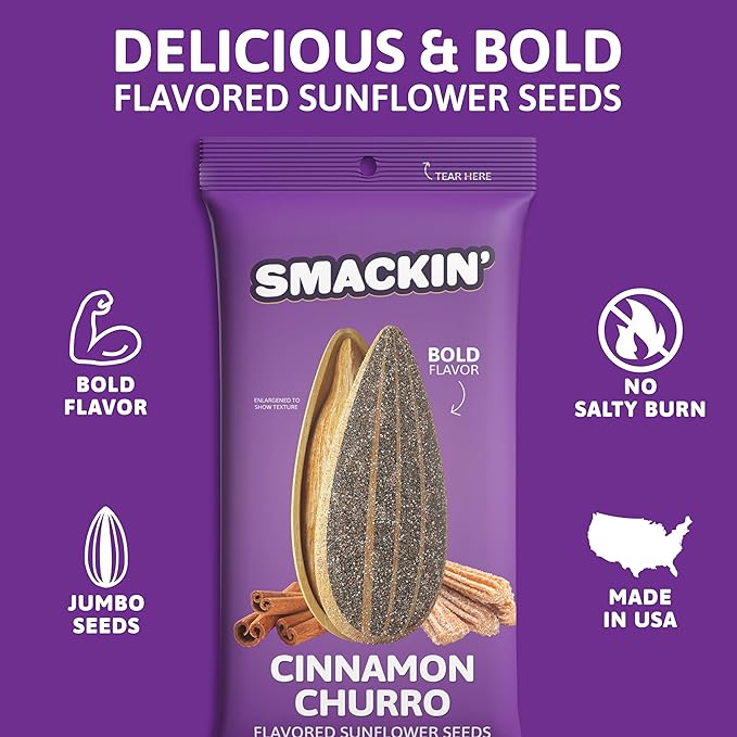 SMACKIN' Sunflower Seeds Roasted Jumbo Small-Batch American Made - Cinnamon Churro. 1.5oz bags (6 Pack)