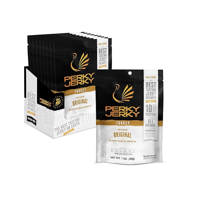 Perky Jerky Original Turkey Jerky 1oz (Pack of 12) - Low Sodium - 10g Protein per Serving - Low Fat - 100% U.S. Sourced - Tender Texture and Bold Flavor