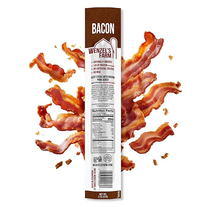 Wenzel’s Farm Bacon and Beef Snack Sticks │Snack Sticks │ Flavorful Naturally Smoked │ High Protein Low Carb │ No MSG Fillers Binders Artificial Colors │ Gluten Free | 32 sticks (16 packs of 2)
