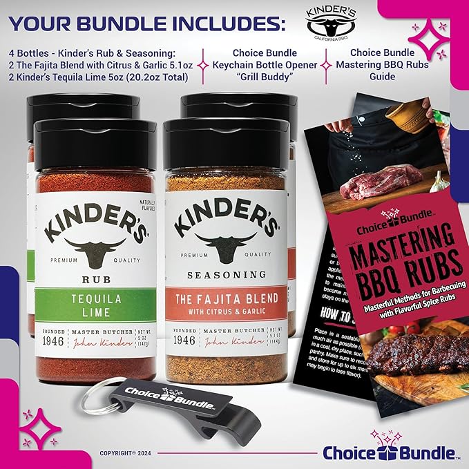 Kinders Tequila Lime Rub The Fajita Blend Seasoning with Citrus and Garlic Premium Barbecue 4 Pk (20.2 oz) + BBQ Guide &amp Opener (6 Items)!