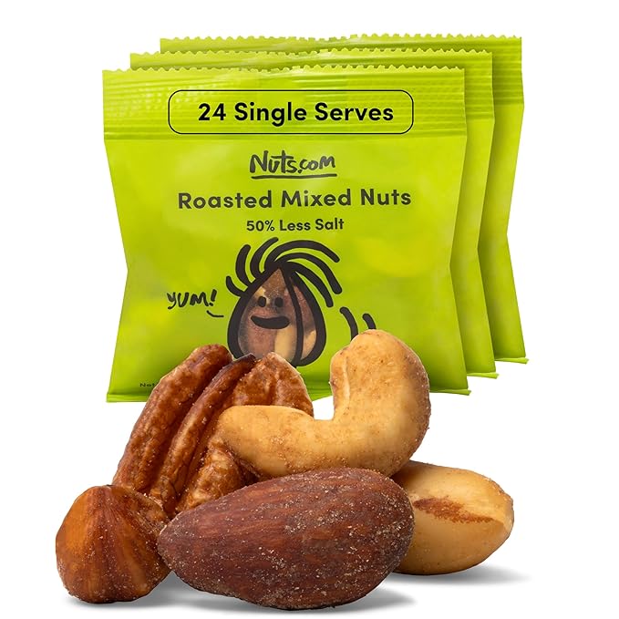 Nuts.com Roasted Mixed Nuts (50% Less Salt) – 24 Single Serve Snack Packs – Almonds Cashews Pecans Brazil Nuts Hazelnuts – Gluten-Free Kosher No Peanuts – Healthy Low Sodium Protein Snack