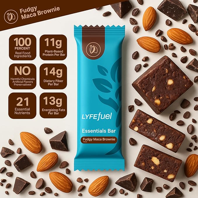 Meal Replacement Bar by LyfeFuel - Vegan Protein Bar Packed with Organic Superfoods Fiber &amp 21 Essential Nutrients from 100% Plant Based Whole Foods (Fudgy Brownie - Box of 10) Gluten Free Paleo
