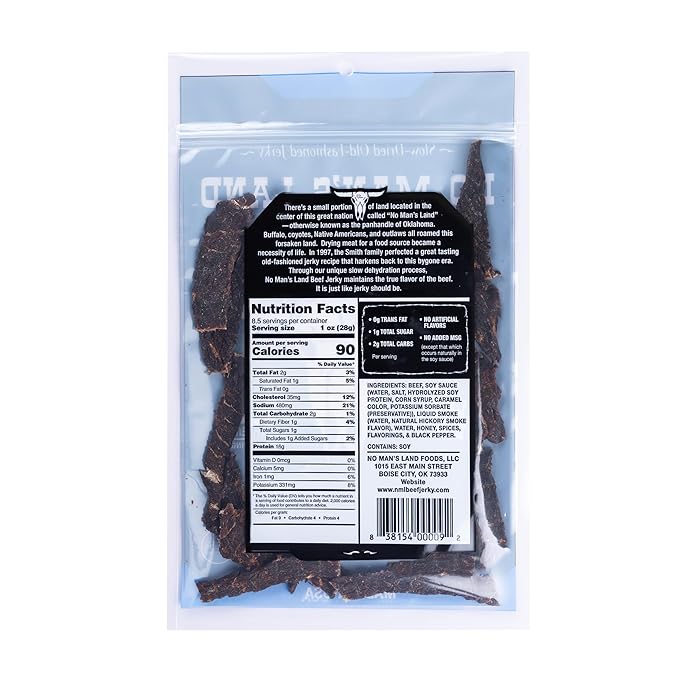 No Mans Land High Protein Beef Jerky | 16G Protein Low Carb Low Calorie Beef Snack | Slow-Dried Smoked &amp Seasoned Jerky Strips | Black Pepper 8.5oz Bag