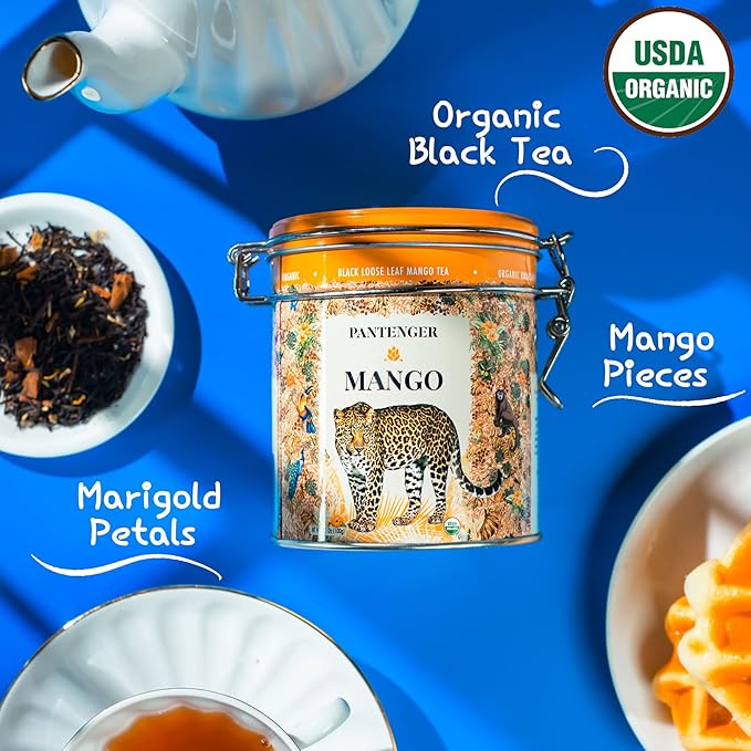 Mango Balck Tea Loose Leaf 3.5 Oz. USDA Organic. Pantenger Mango is a Tea Blend of Organic Black Tea Leaves with Mango Pieces and Marigold Petals. Drink Hot or Iced.