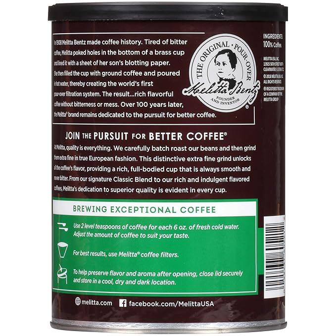Melitta Classic Decaf Coffee Medium Roast Extra Fine Grind 10.5 Ounce Can (Pack of 6) 63 Ounces Total