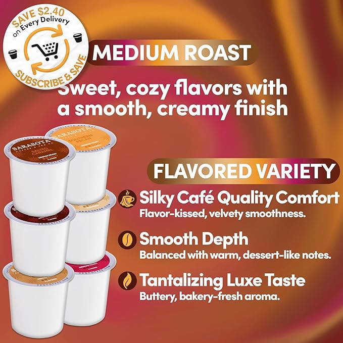 Sarasota K-Cup Coffee Pods | Medium Roast Flavored Coffee | Flavored Variety K Cups | Single Serve for Keurig Brewers | Gourmet Low Acid Mold Free | 24 Count