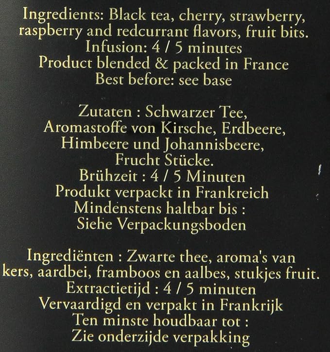 Dammann Freres Loose Leaf Quatre Fruits Rouges Premium Gourmet French Black Tea Blend Strawberry Cherry Raspberry Red Currant Flavors 3.52 Ounce Tin