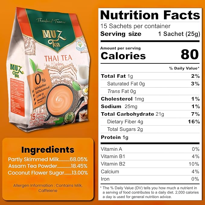 MuzTea Thai Tea Mix Milk Tea Powder 3 in 1 Instant Thai Tea Drink Packets Authentic Assam Tea Leaves For Hot Ice Tea No Artificial Color 15 Sachets (Thai Milk Tea)