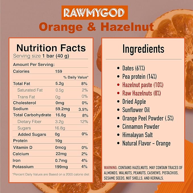 RAWMYGOD Fruit and Nut Bars Good Source of Protein (10g 25% protein content) Gluten Free Vegan No Added Sugar (16 bars Orange &amp Hazelnut)