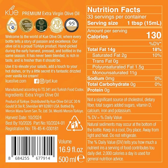 KUE Premium Extra Virgin Olive Oil – Early Harvest Cold Pressed EVOO High Polyphenol Ultra Low Acidity 0.17% Gourmet Olive Oil for Bread Dipping Finishing &amp Cooking 16.9 fl oz