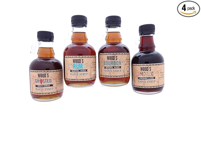 Set of Four Pure Vermont Maple Syrup - Bourbon Rum Ghost Pepper and Smoked - in Glass Jugs