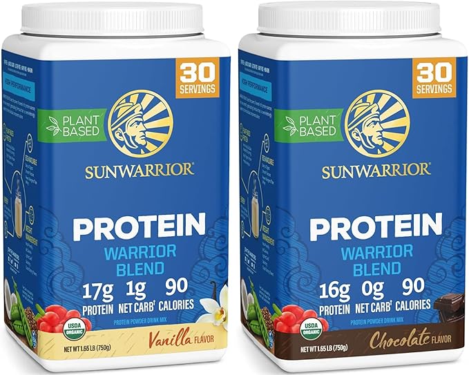 Sunwarrior Chocolate &amp Vanilla Organic Plant Based Protein Powder Set | Bundle &amp Save | Vegan Organic Protein Powder | Non-GMO Soy Dairy Filler &amp Gluten Free (30 Servings Each)