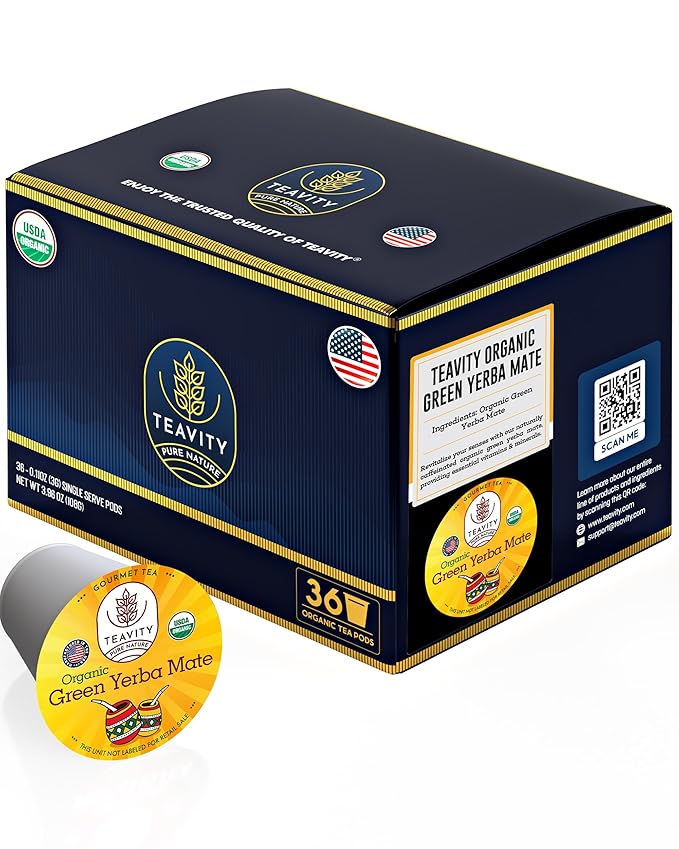 Organic Yerba Mate Tea Pods for Keurig - Green Unsmoked Yerba Mate by Teavity (36 Tea Pods)