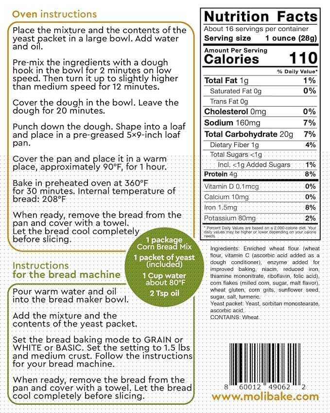 Molibake Corn Bread Mix – Pack of 2 - All-Natural Baking Mix for Bread Machine and Oven - 15 oz - Bread Mix with Corn Flakes and Grits Sunflower Seeds - Easy-to-Use Bread Maker Mix for Homemade Bakin
