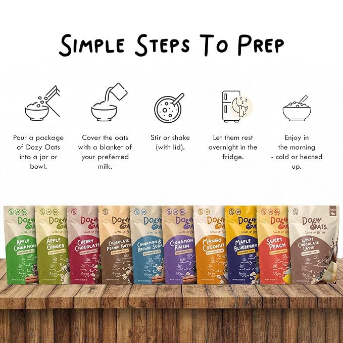 Dozy Oats Overnight Oatmeal Packets Sampler Box with Rolled Oats Chia Seeds Date Powder and Dried Fruit. Gluten-Free Natural Source of Protein and Fiber 10-Pack and Jar