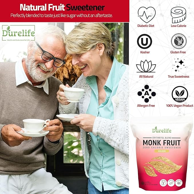 Durelife Golden Monk Fruit Sweetener 1:1 Sugar Replacement Keto Diet Friendly Zero Calorie Kosher Sugar Substitute Crystal Golden - 5 lb Bulk Size (Packaging May Vary)