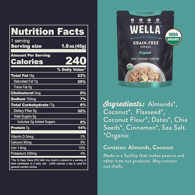 Wella Cereal Oatmeal Alternative Gluten-Free Breakfast Hot Cereal Grain-Free Paleo Organic Vegan High Protein Superfood Plant-Based Non-GMO Low in Net Carbs Multi-Serve Bags Bundle Original &amp