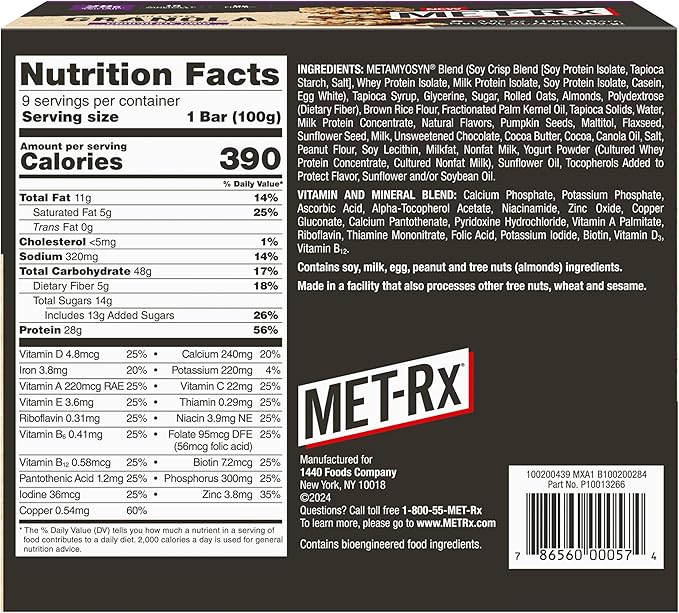 MET-Rx Big 100 Granola Protein Bar Meal Replacement Bar 28 G Protein Chocolate Chip Pack of 9