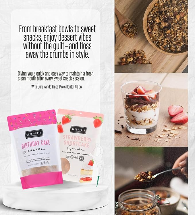 The Safe And Fair Food Company Granola Strawberry Shortcake 12 OZ Birthday Cake 12OZ Bundle with Dental Floss – Allergen-Free Plant-Based Granola with Clean Ingredients – Gift Set (3 Items)