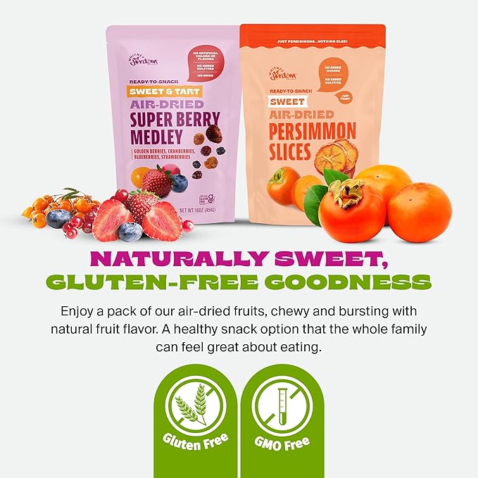 Whitney Jordan Naturals Air-Dried Fruit Variety Pack 16 Oz Pack of 2 - Super Berry Medley &amp Persimmon Slices - Gluten-Free Non-GMO Vegan Snack - Real Fruit for Clean Snacking