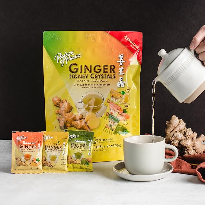Prince of Peace Instant Ginger Honey Crystals Assorted (Lemon Turmeric Matcha) 30 Sachets - pack of 2 – Instant Hot or Cold Beverage that Soothes Throat – Easy to Brew – Drink Like a Tea – Gluten F