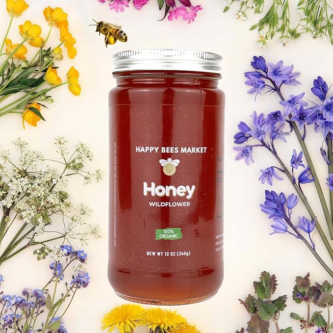 Happy Bees Market Organic Wildflower Honey – Pure Raw and Unfiltered | 100% Organic Arizona Wildflower Honey 12 oz