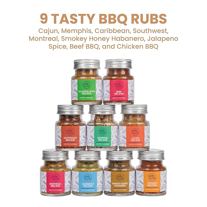 BBQ Rub Gift Set - Spice Gift Set in Premium Wooden Box - Great Grilling Gift for Father’s Day Christmas Birthday for Him Dad Men or Her - Unique Barbecue Seasonings (Set of 9)