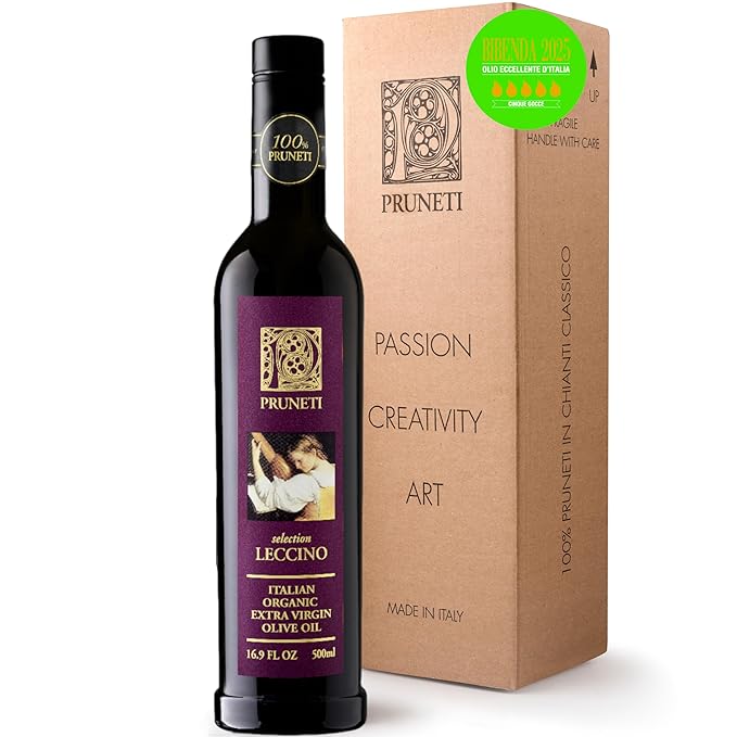 Pruneti Leccino Organic Extra Virgin Olive Oil from Tuscany – 2025 Gold Award Winning Italian Olive Oil from Italy – 400+ mg/kg Polyphenols evoo – First Cold pressed for Drinking &amp Finishing Use