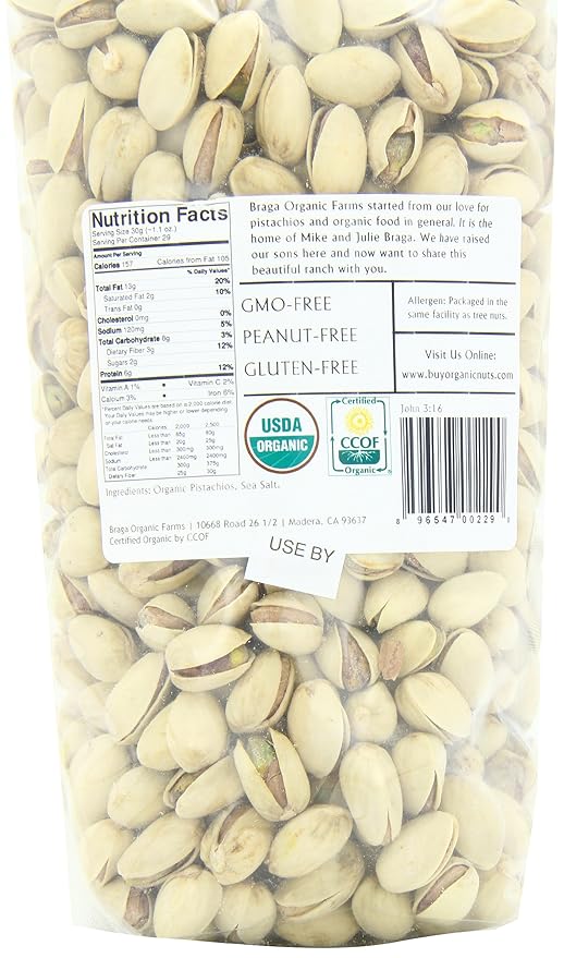 Braga Organic Farms 2 Pound Bag of Roasted/Salted Pistachios Inshell