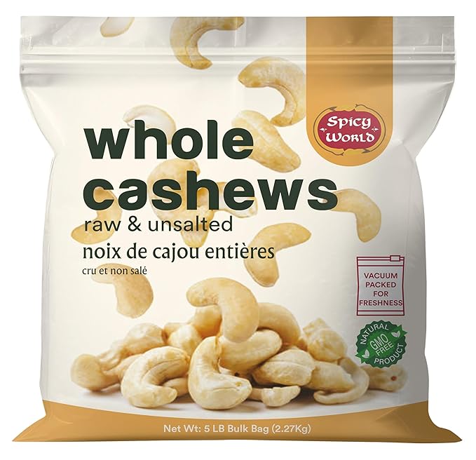 Spicy World Raw Cashews 5 LB (80oz) Bulk - Non-GMO Gluten Free Peanut Free No Additives Unsalted Natural &amp Pure Whole Cashews - Great for Pesto Salads Baking Roasting &amp Cooking