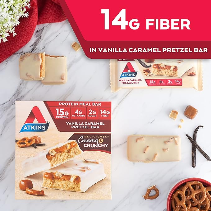 Atkins Vanilla Caramel Pretzel Protein Meal Bar High Fiber 2g Sugar 4g Net Carbs Meal Replacement Keto Friendly 5 Count