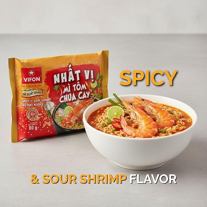 VIFON Nhat Vi Spicy &amp Sour Shrimp Instant Noodle Soup 80 g (2.82 oz) 30-Pack | Authentic Vietnamese Shrimp Flavor | Quick Asian Meal | Ready in 3 Minutes