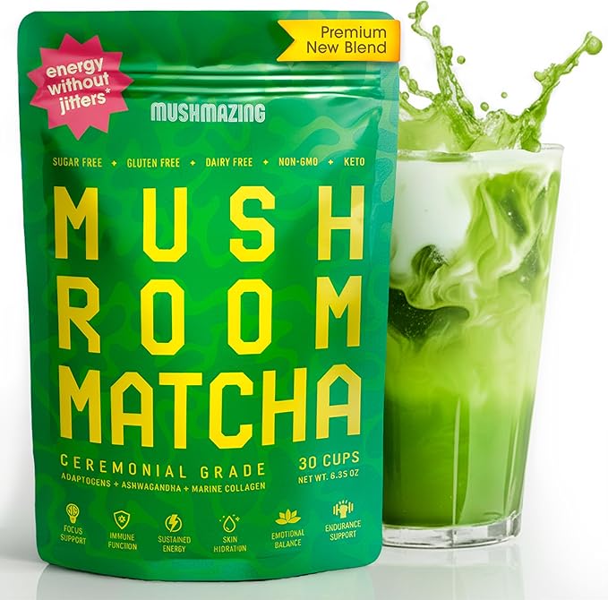 Mushroom Matcha + Lion’s Mane Ashwagandha Collagen - Focus Energy &amp Immune Support - 30 Servings of Adaptogen Superfood Blend for All Day Coffee Alternative