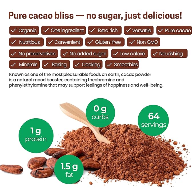 Z Natural Foods Organic Cacao Powder - Unsweetened Nutrient-Dense Superfood for Healthy Aging - Extra-Rich Dark Chocolate Flavor Perfect for Chocolate Recipes Shakes or Smoothies 1 lb