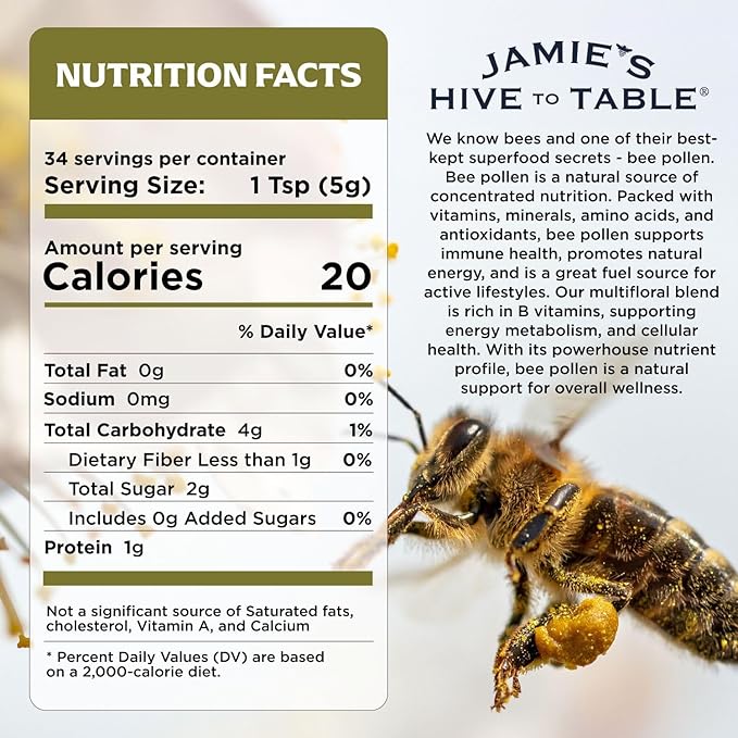 Jamie’s Hive to Table Organic Bee Pollen 6 oz - 100% Pure Raw &amp Natural Superfood Premium Quality Bee Pollen Granules for Energy Immunity Skin Health Antioxidants &amp Vitality Gluten Fre
