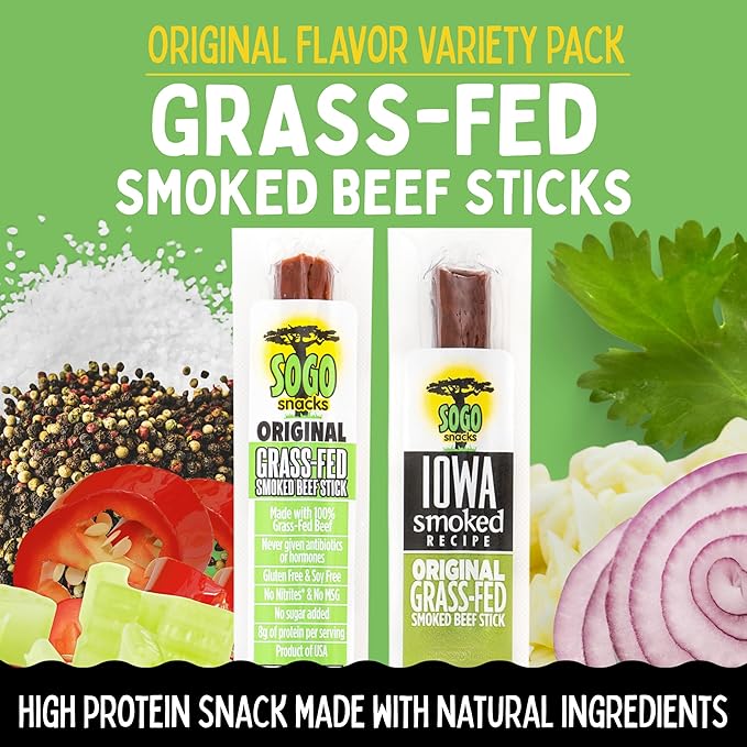 Original Flavor Variety No Sugar 100% Grass-fed/finished Non-GMO Beef Stick. No Added Nitrates Gluten Soy MSG Dairy or Nuts. Keto Whole30 &amp Paleo (12 Sogo Org 12 IA Smoked Org 24 1oz Sti
