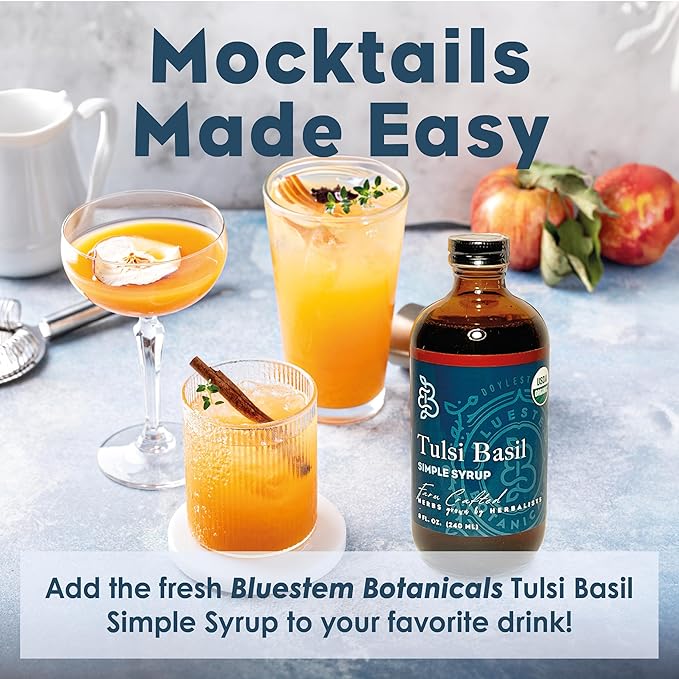 Bluestem Botanicals Organic Tulsi Basil Simple Syrup 8 oz Cocktail and Mocktail Mixer for Drinks Non-Alcoholic
