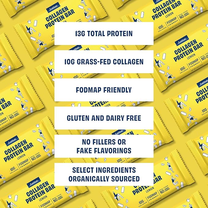 JUSTNOSH Lemon Collagen Protein Bars – 13g Protein 10g Collagen | Gluten &amp Dairy Free Low FODMAP Seed Oil Free (12 Pack)